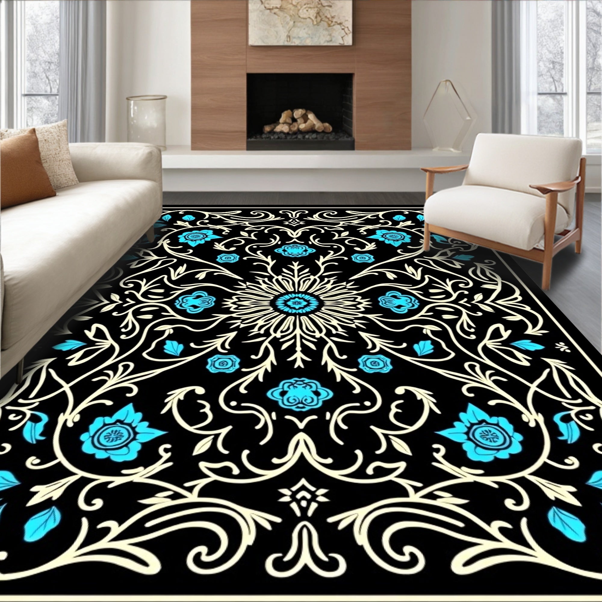 Black Teal Floral Scrollwork Pattern Rug