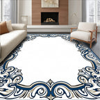 Intricate Blue Floral Scrollwork Frame Rug