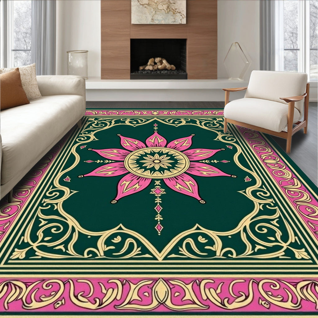 Intricate Floral Medallion With Pink Gold Border Rug