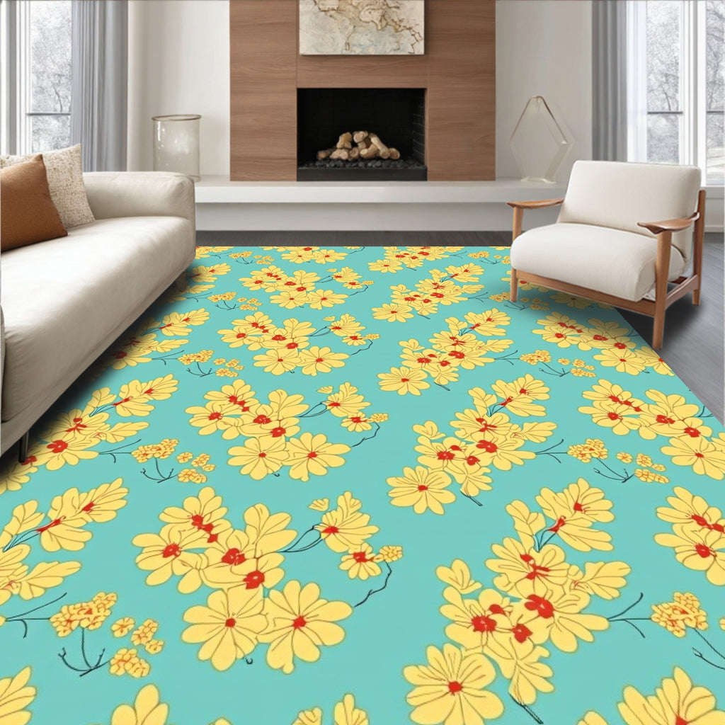 Yellow Floral Branches On Light Blue Rug
