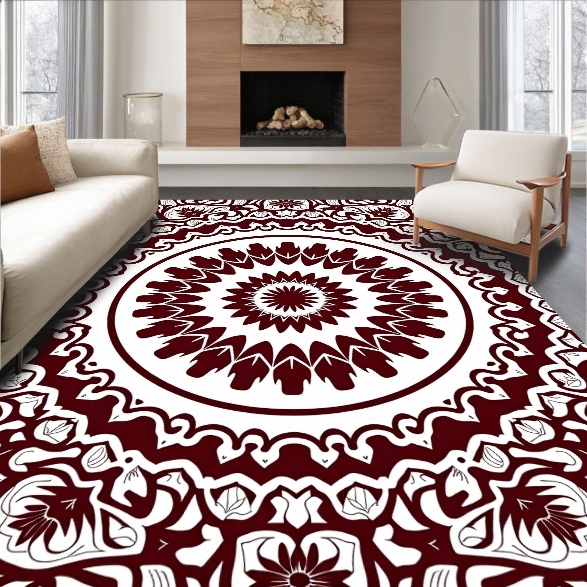 Maroon Floral Medallion Intricate Mandala Rug