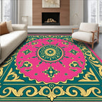 Vibrant Teal Gold Medallion Pattern Rug