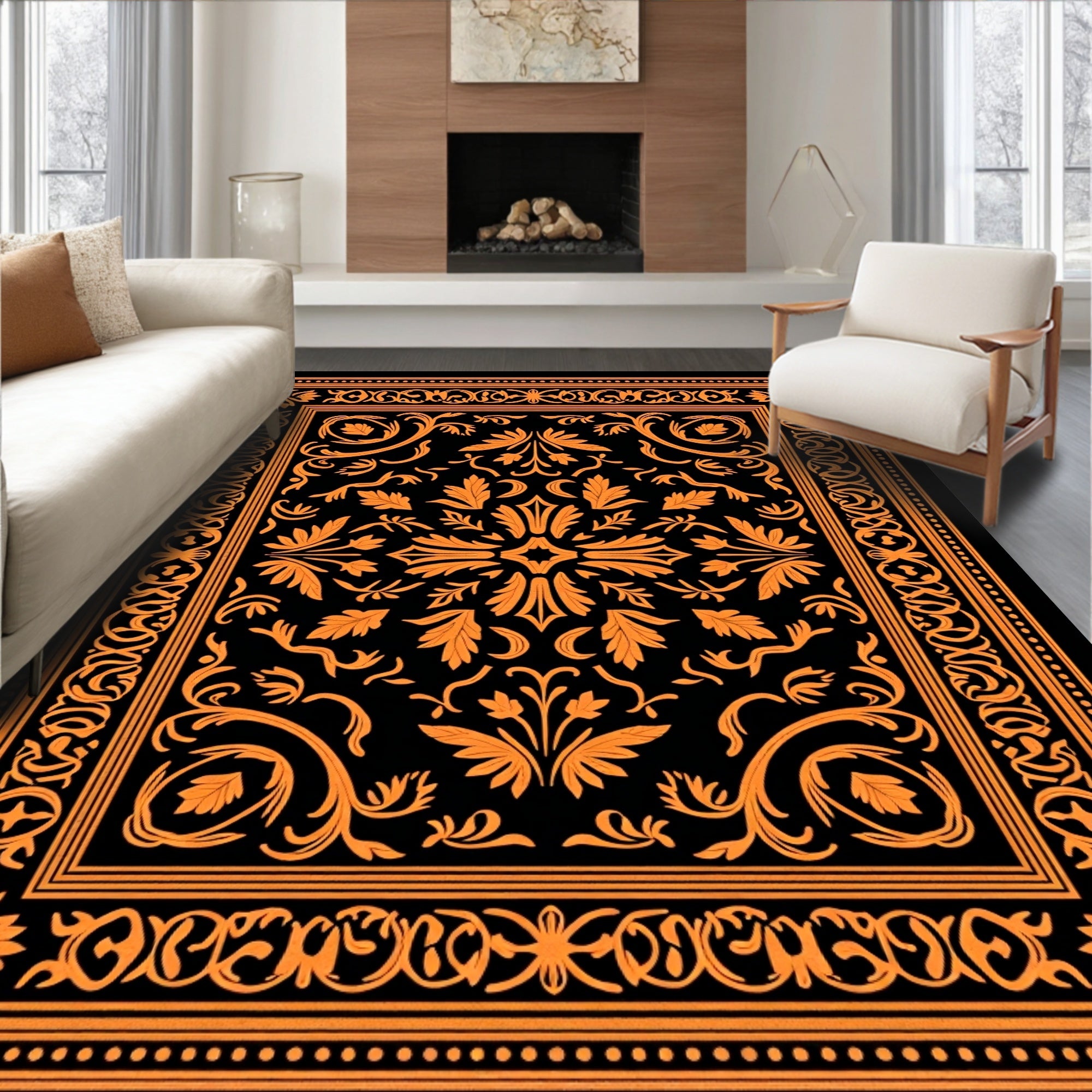 Ornate Floral Scrolled Frame Design Rug