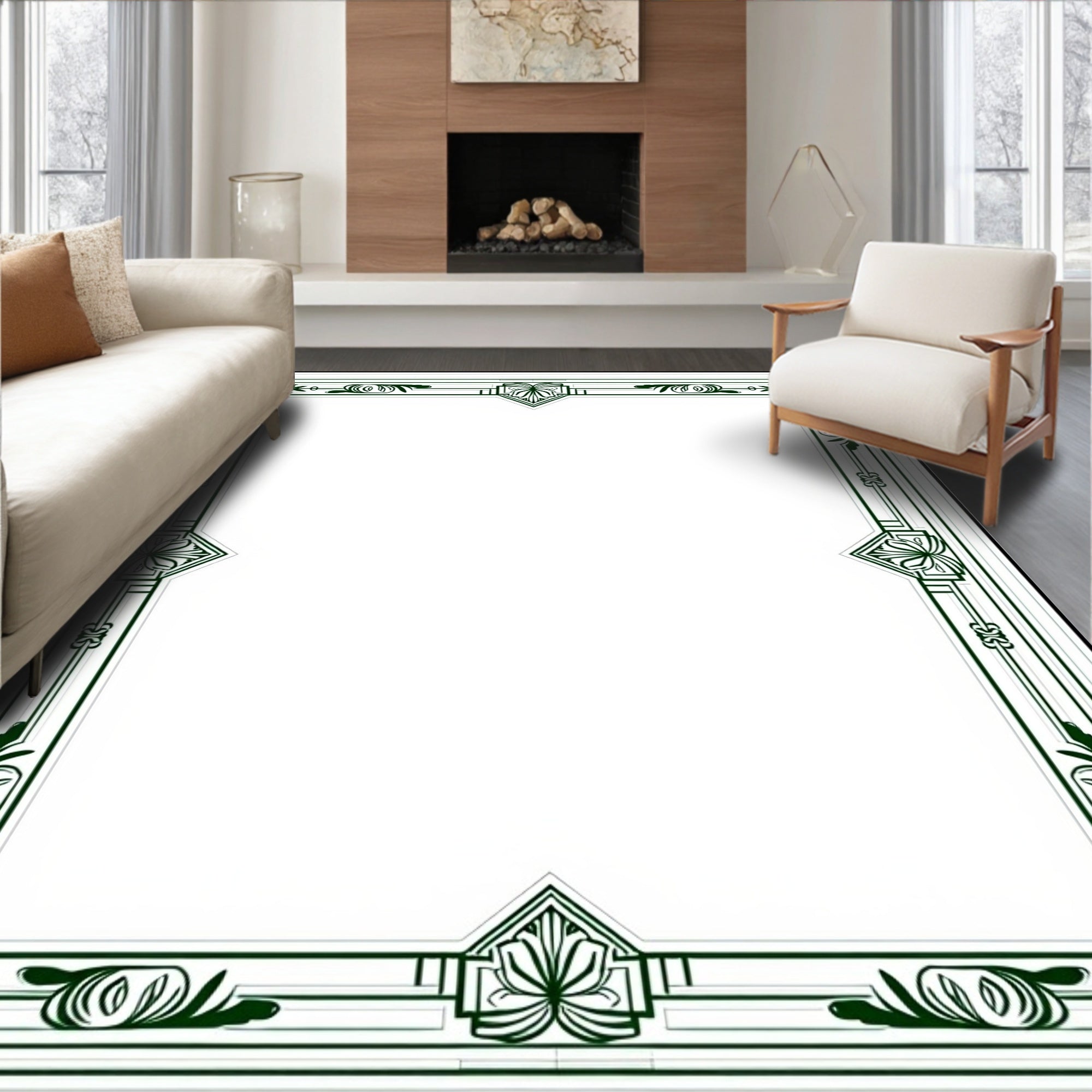 Green Art Deco Floral Border Design Rug