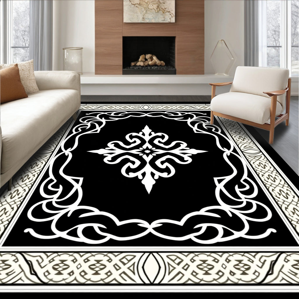 Elegant Black and White Stylized Floral Rug