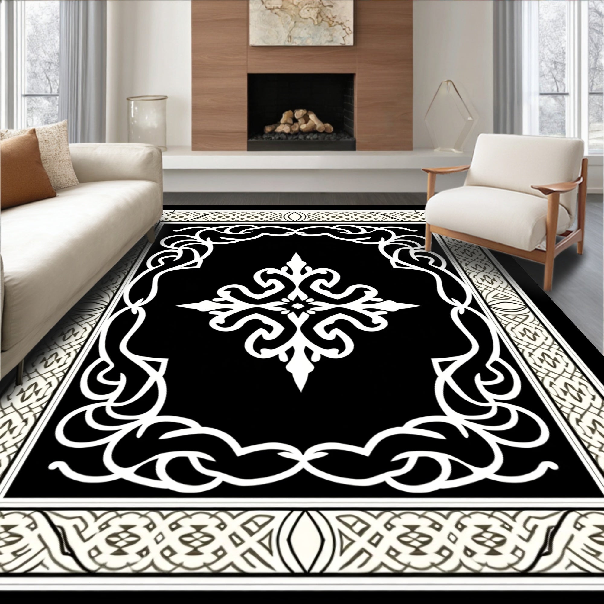 Elegant Black and White Stylized Floral Rug