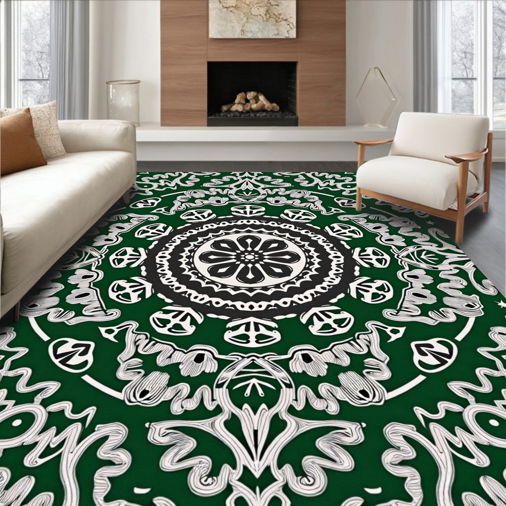 Intricate Mandala Green White Pattern Rug