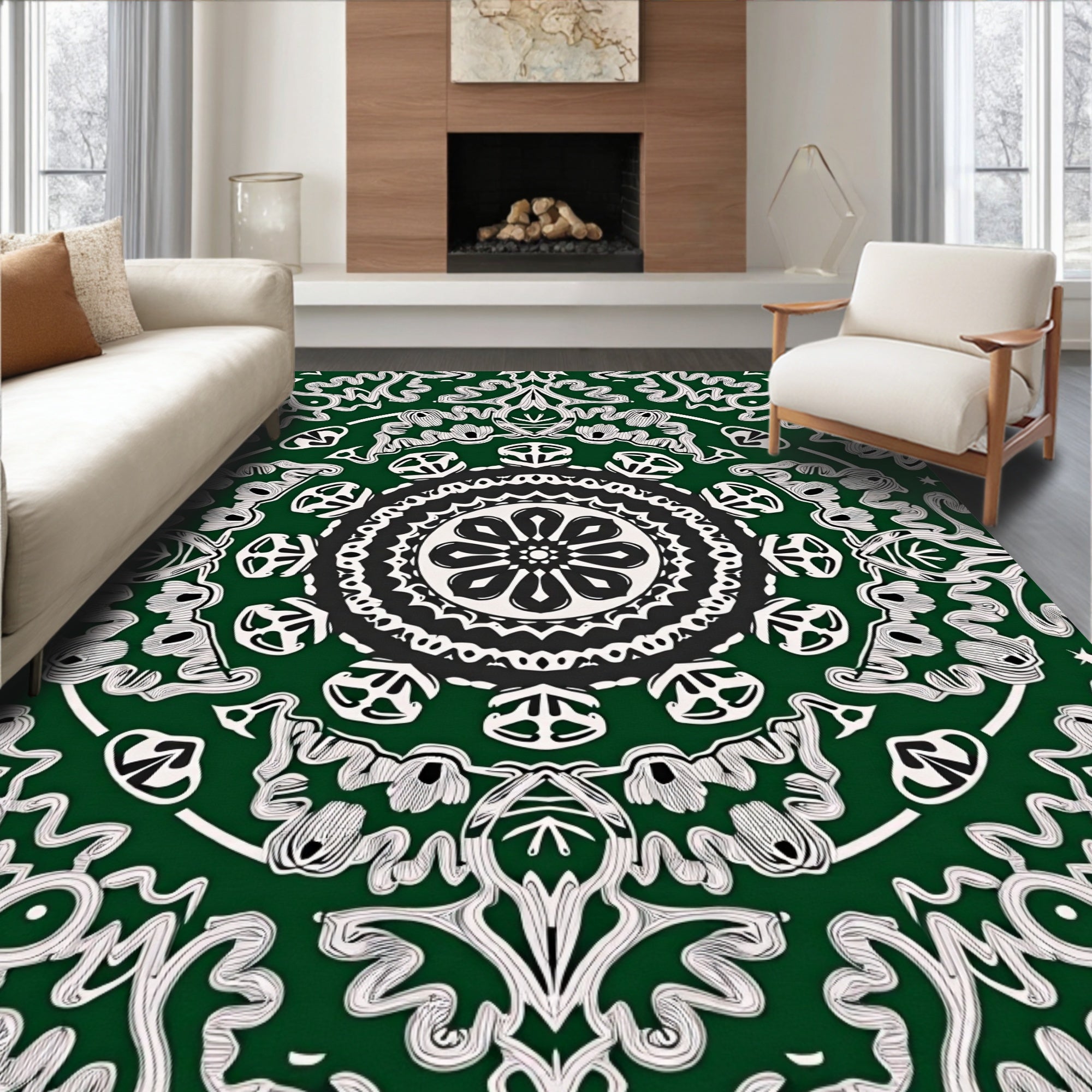 Intricate Mandala Green White Pattern Rug