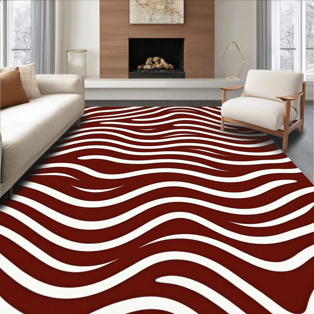 Deep Red White Abstract Waves Rug