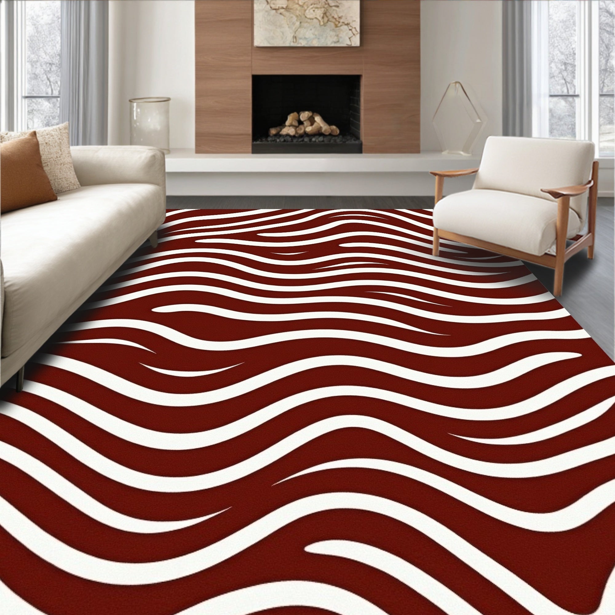 Deep Red White Abstract Waves Rug