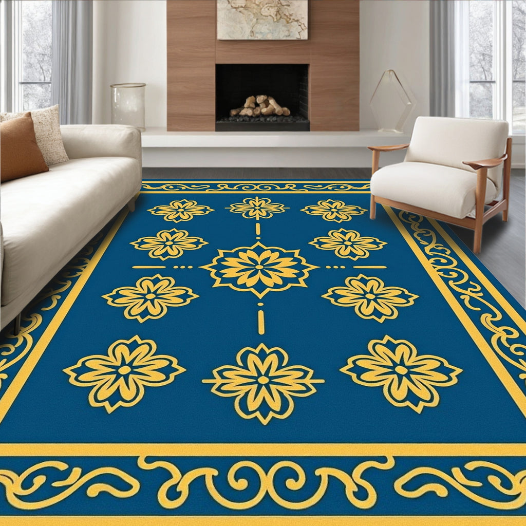 Royal Blue Yellow Floral Medallion Rug