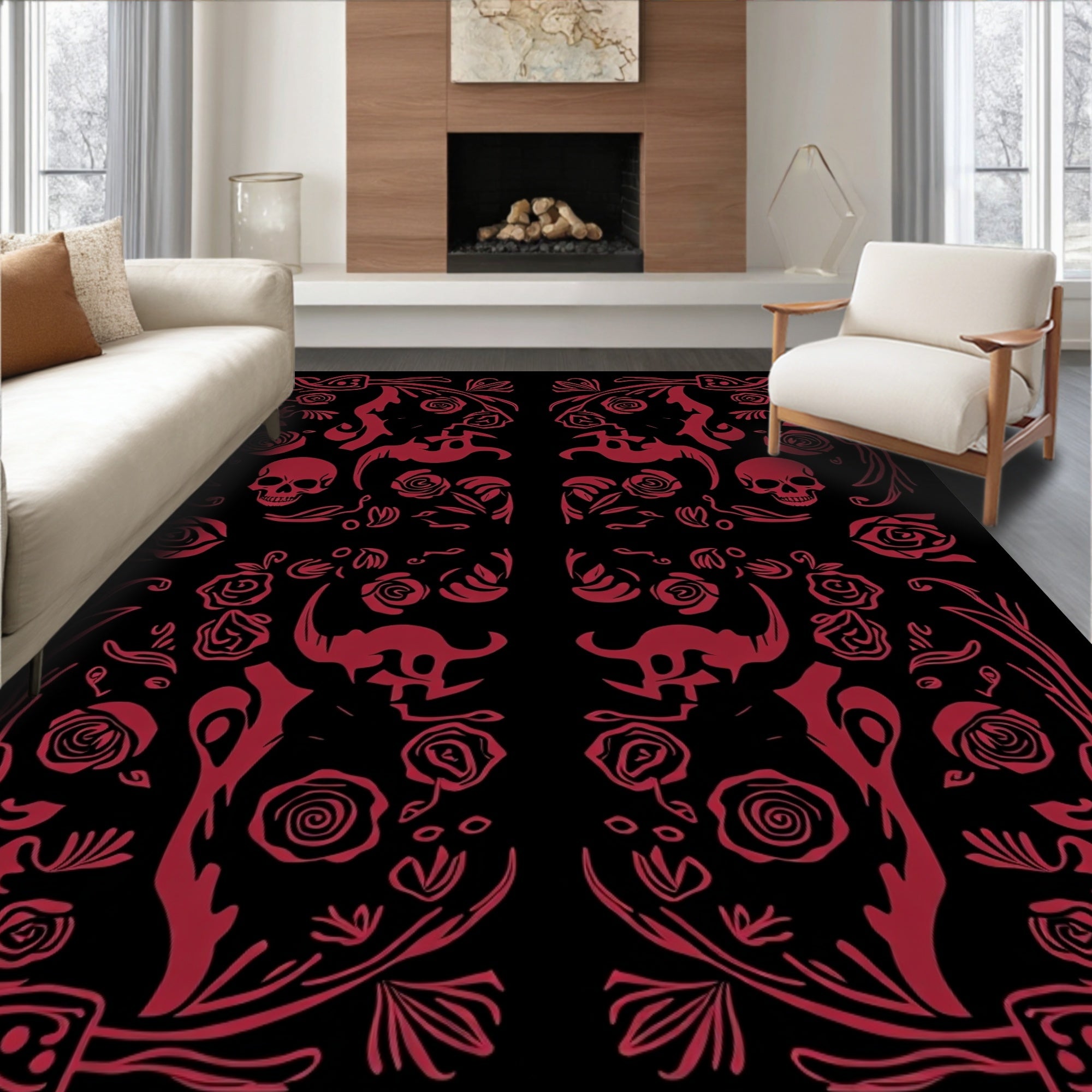 Gothic Red Rose Skull Pattern Rug