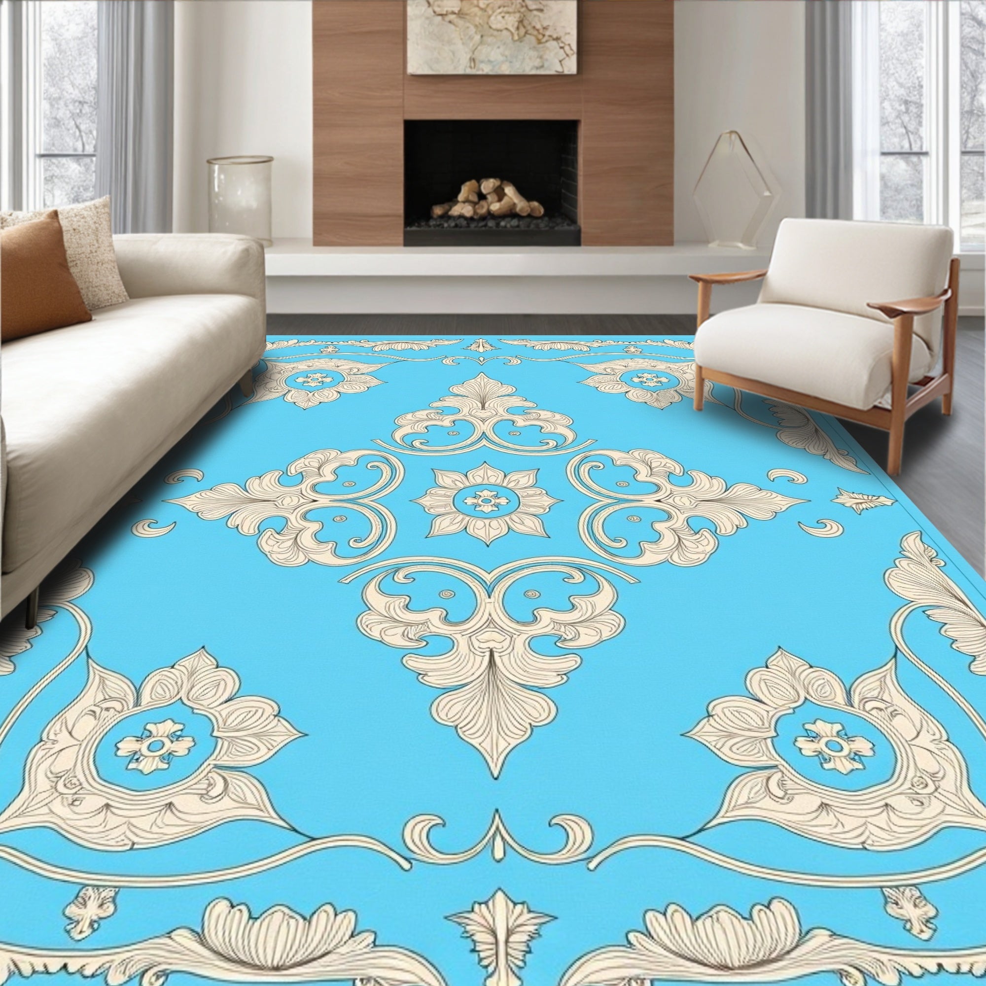 Classic Floral Medallion Blue Cream Rug