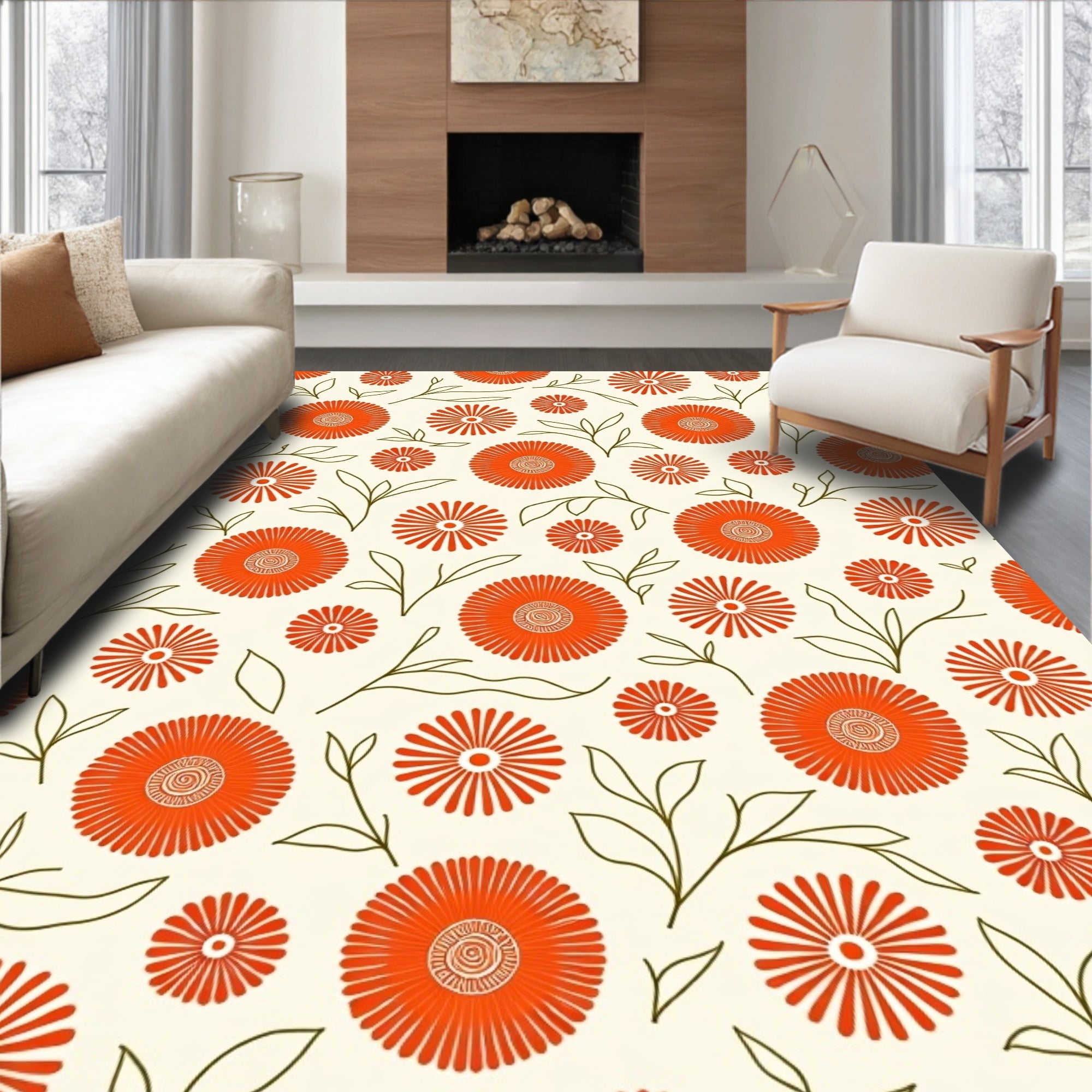 Orange Daisy Pattern with Green Stems Rug