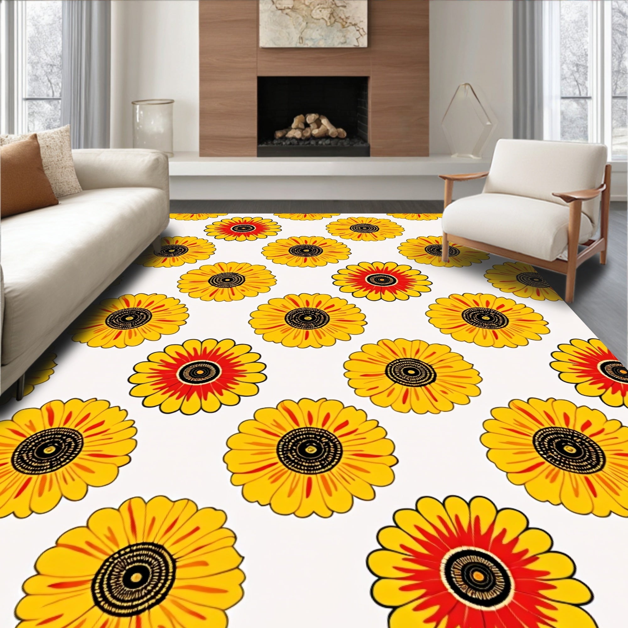 Bright Yellow Red Floral Pattern Rug