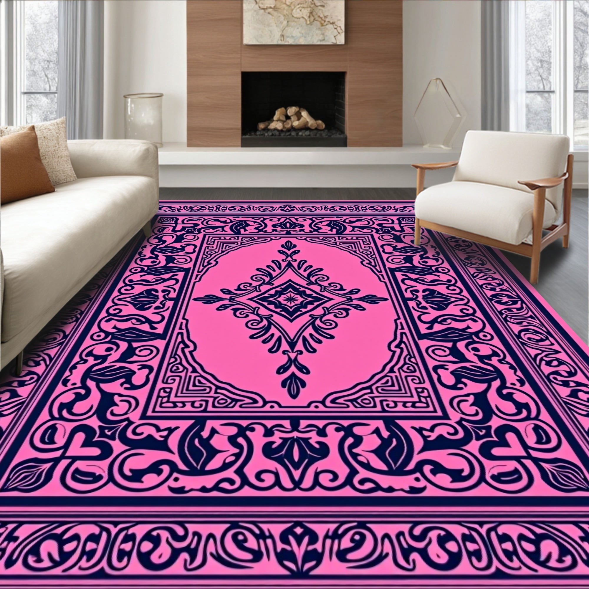 Elaborate Pink and Navy Floral Design Rug