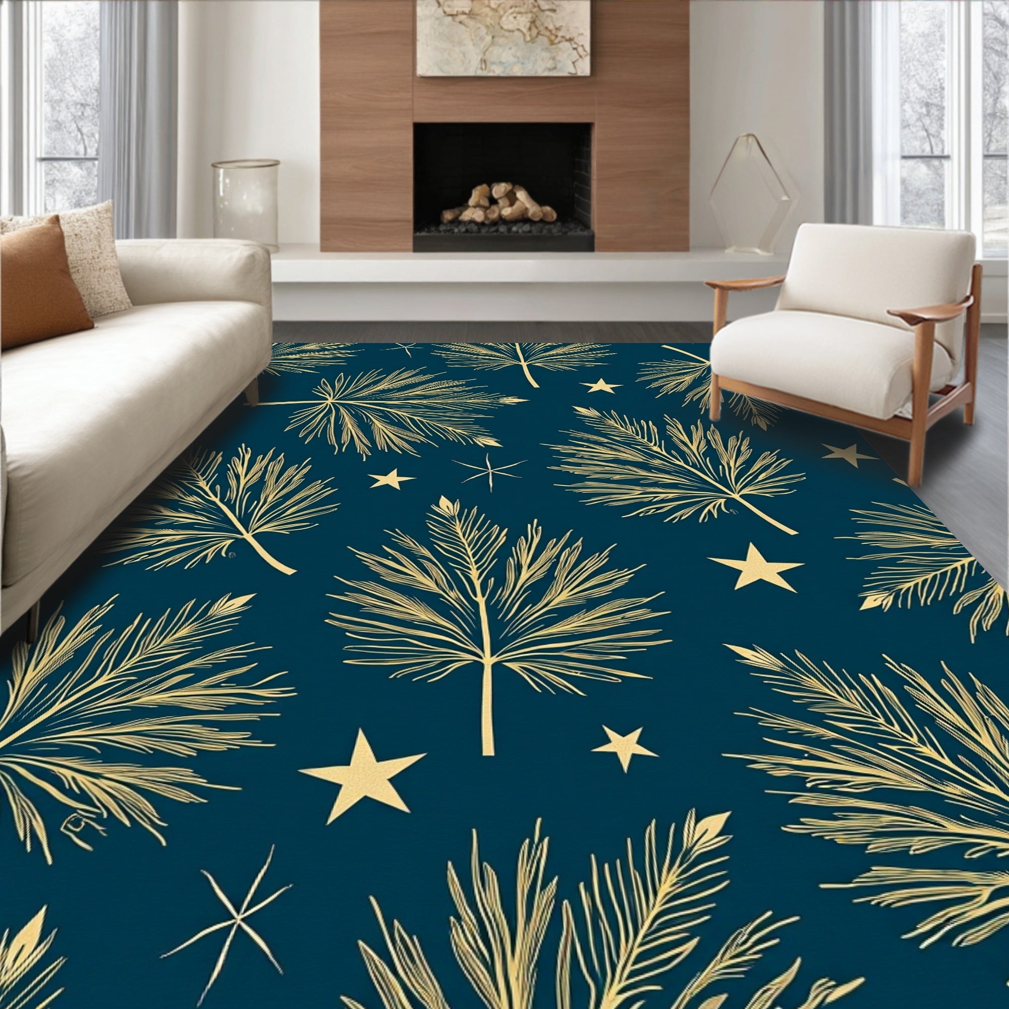 Golden Palm Frond Star Pattern Rug