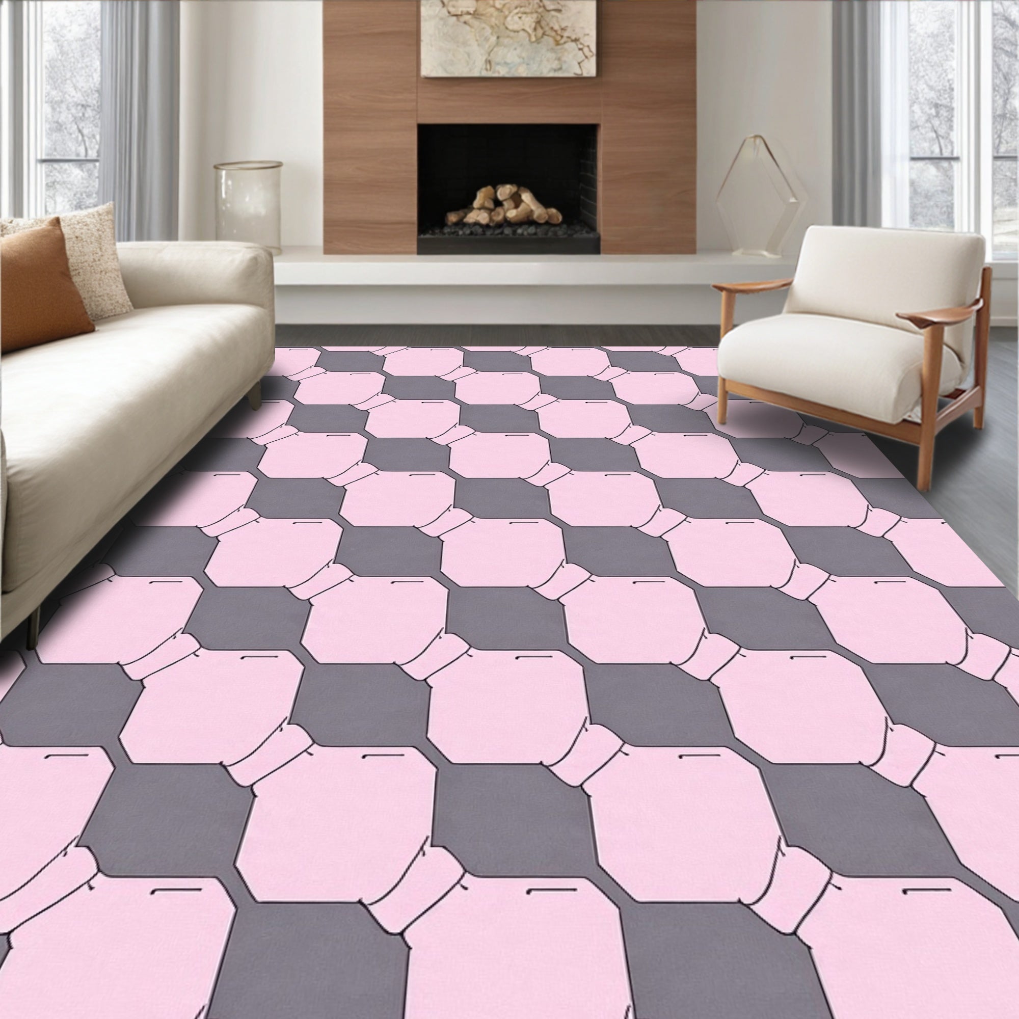 Pink Gray Octagonal Checkerboard Pattern Rug