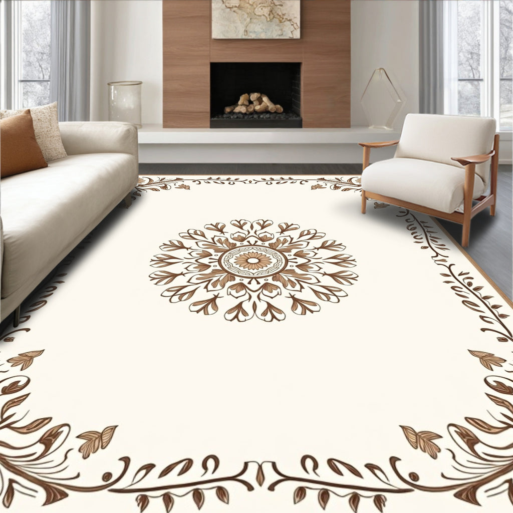 Brown floral mandala and border design Rug