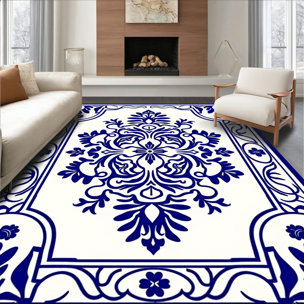 Classic Blue Floral Damask Rug