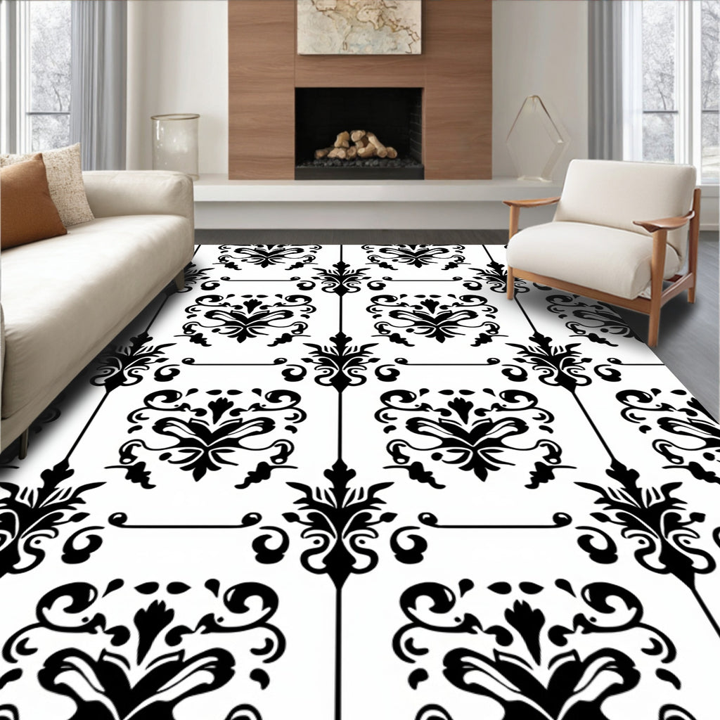 Classic Damask Floral Black White Pattern Rug