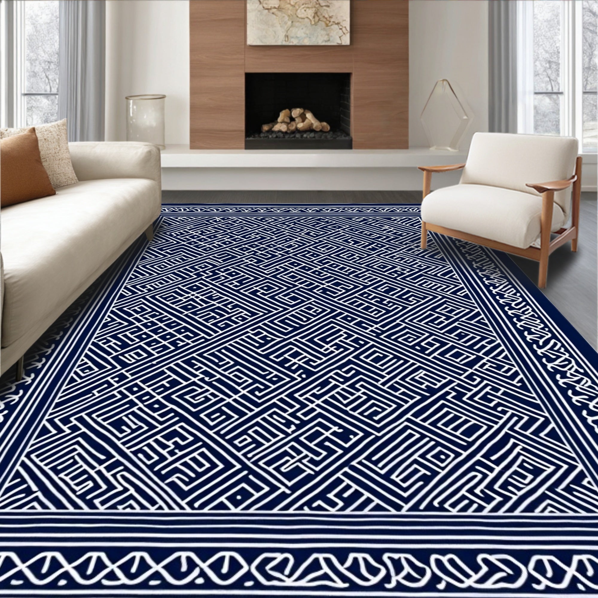 Navy White Intricate Geometric Pattern Rug