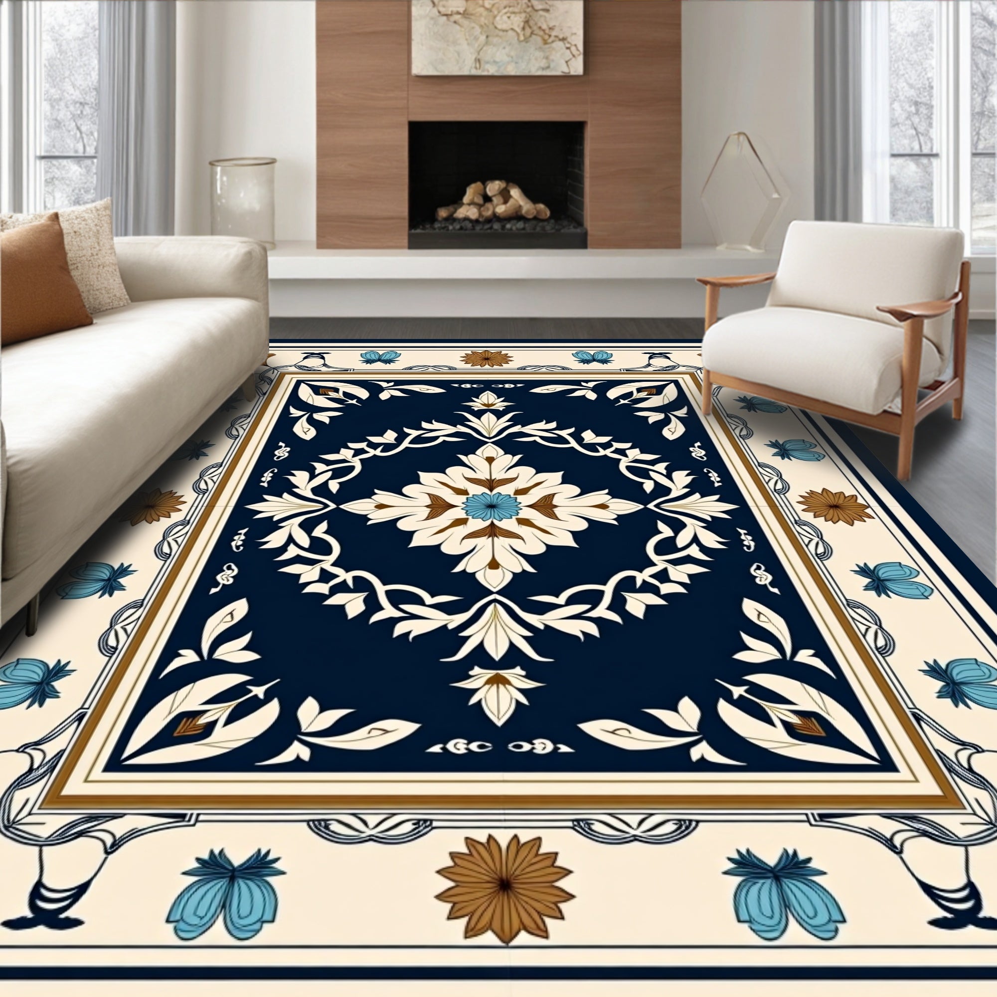Ornate Floral Medallion Ivory Blue Rug