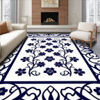 Navy Blue Floral Vine Border Rug