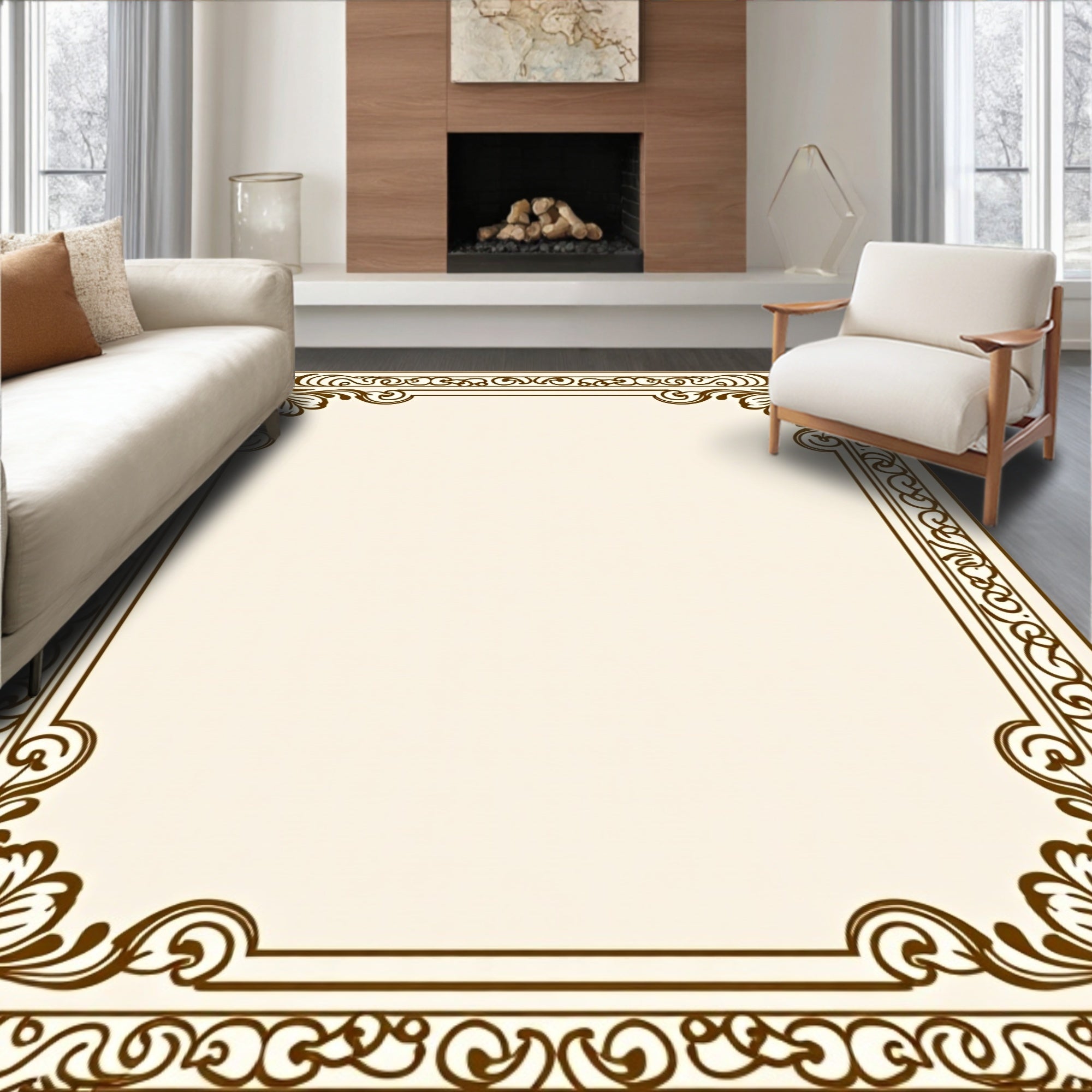 Elegant Scrollwork Floral Border Pattern Rug