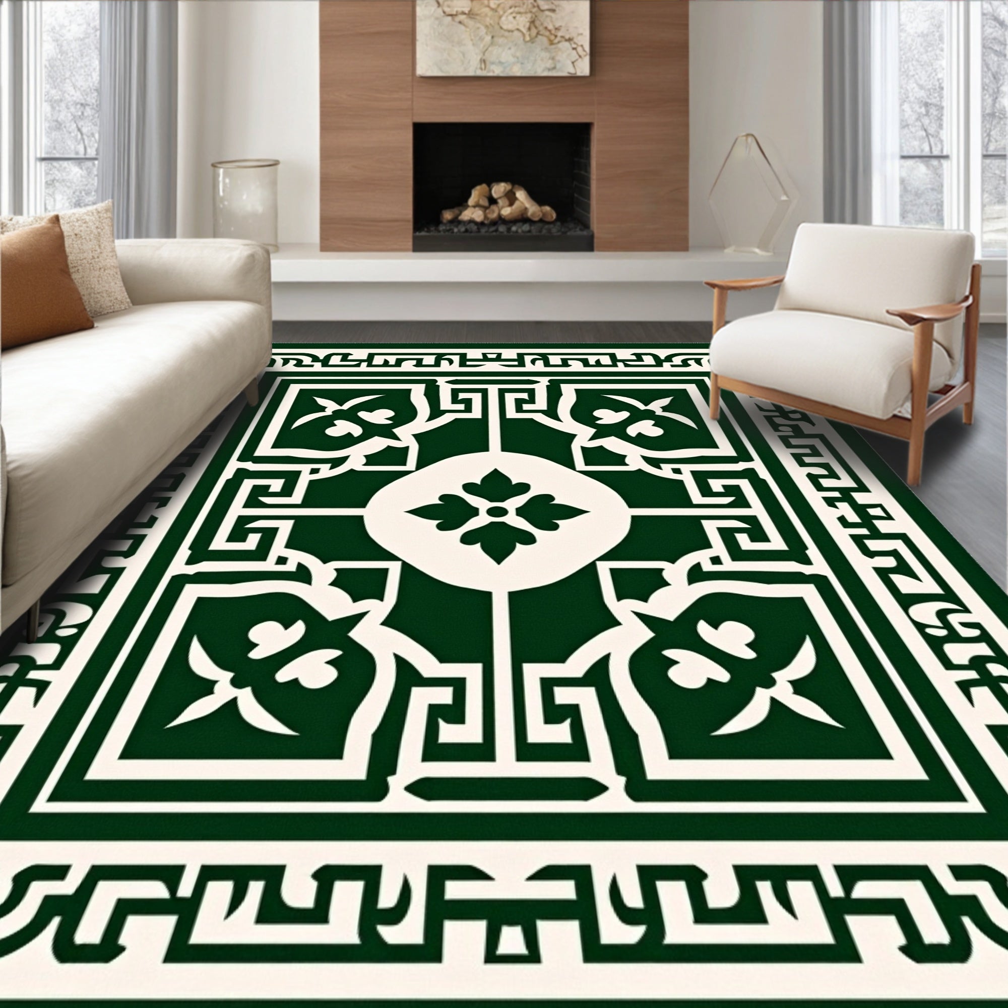 Dark Green White Geometric Floral Rug