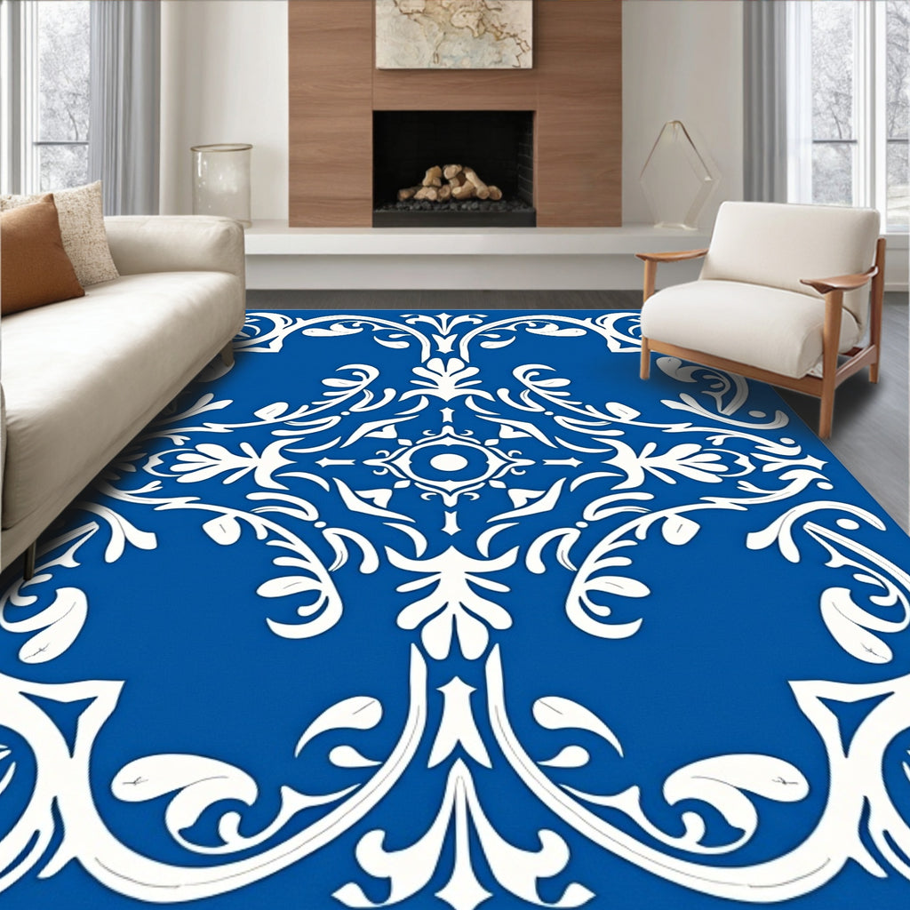 Bold Blue White Floral Scroll Rug