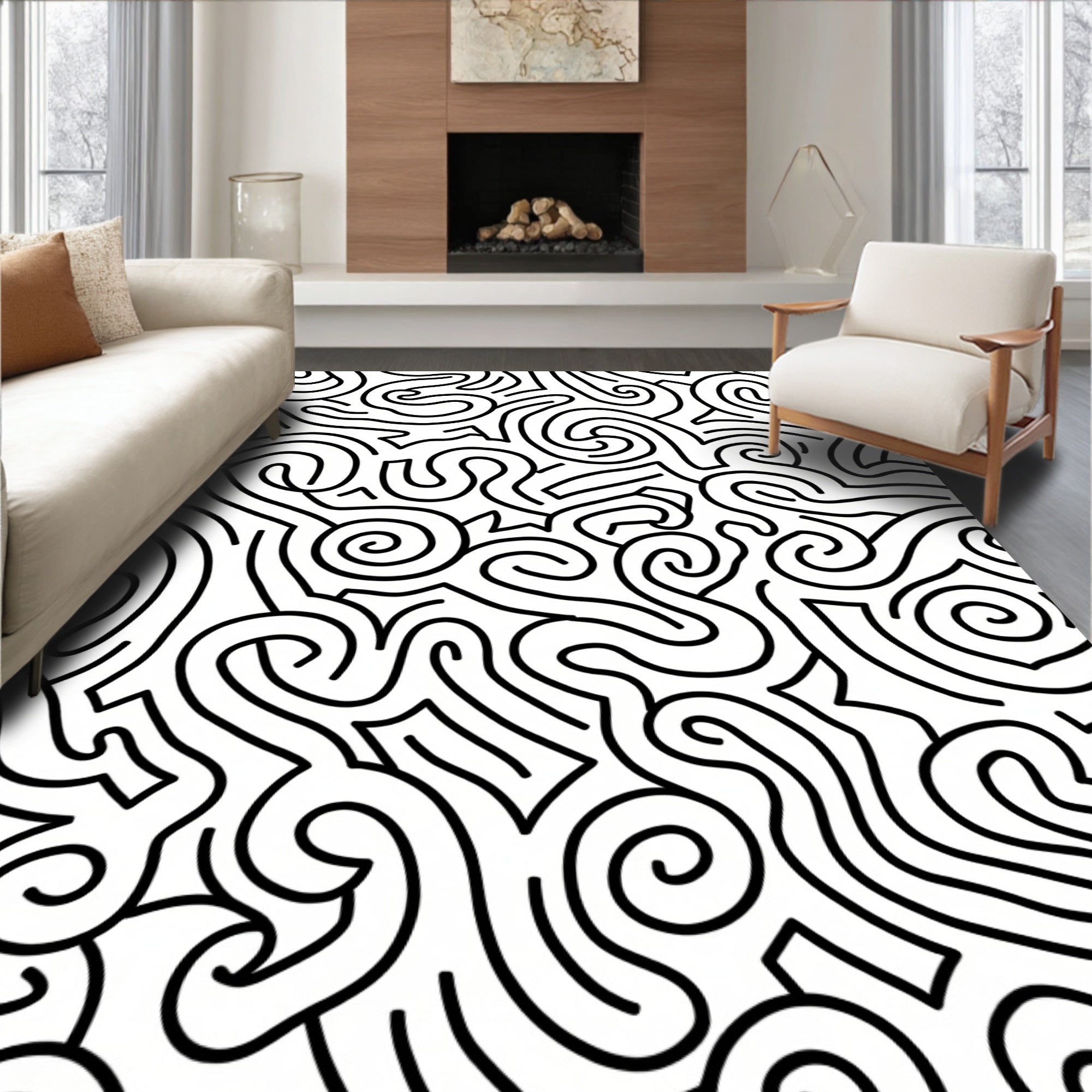 Abstract Swirl And Line Pattern Rug