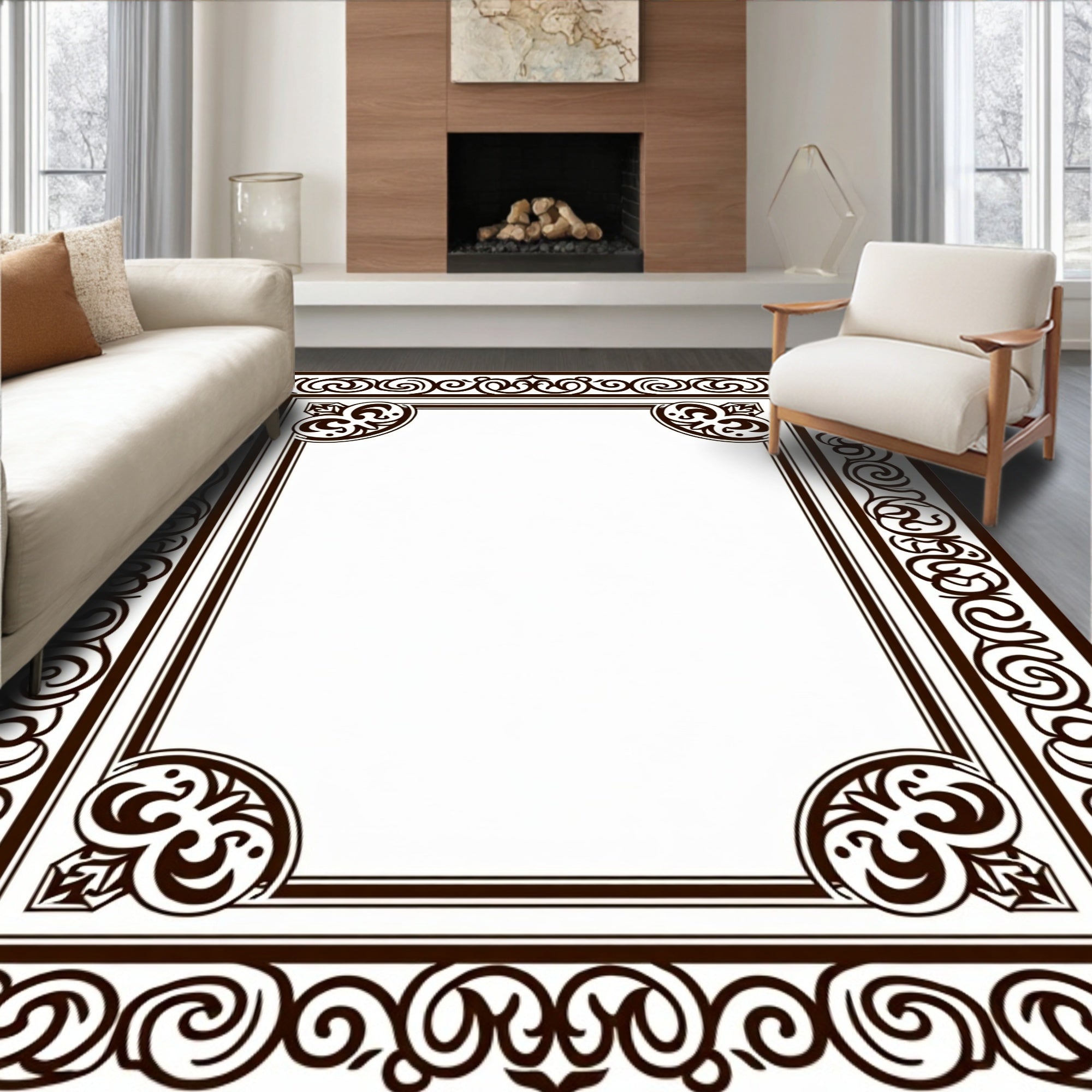 Ornate Scrollwork Border Pattern Rug