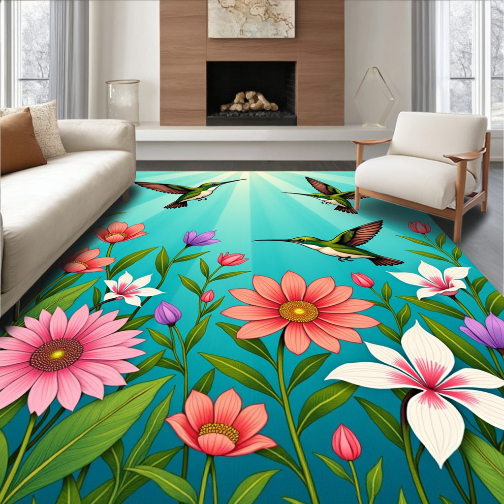 Vibrant Hummingbirds Floral Garden Design Rug