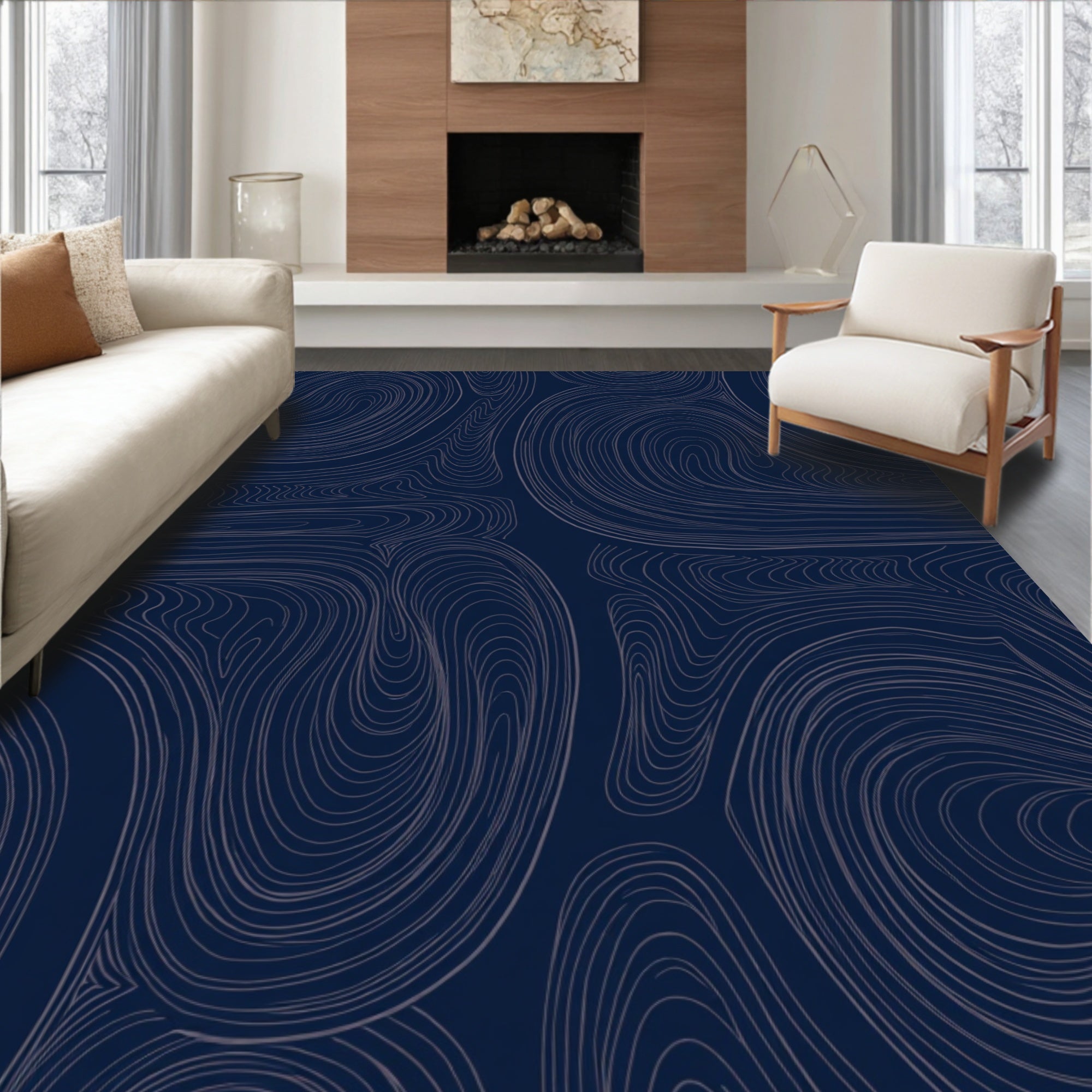 Deep Blue Swirls Abstract Pattern Rug