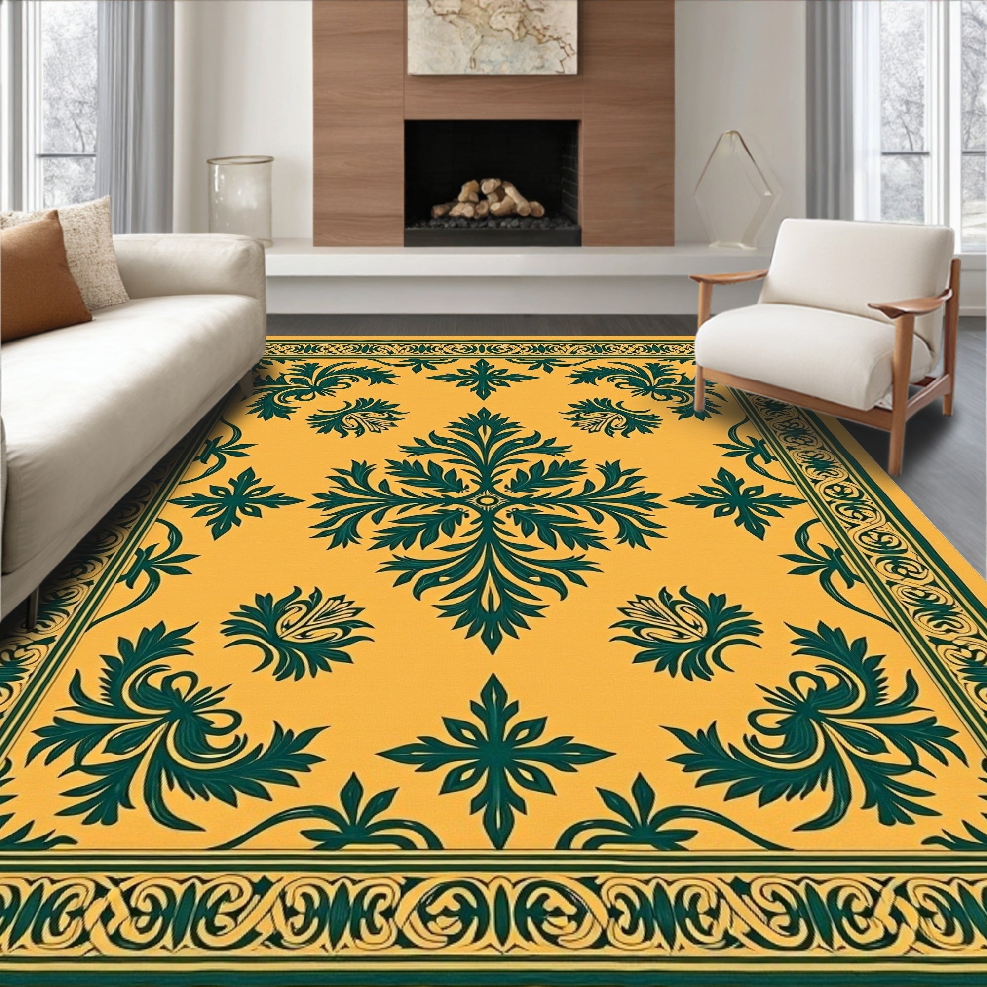 Golden Yellow Teal Floral Scroll Rug
