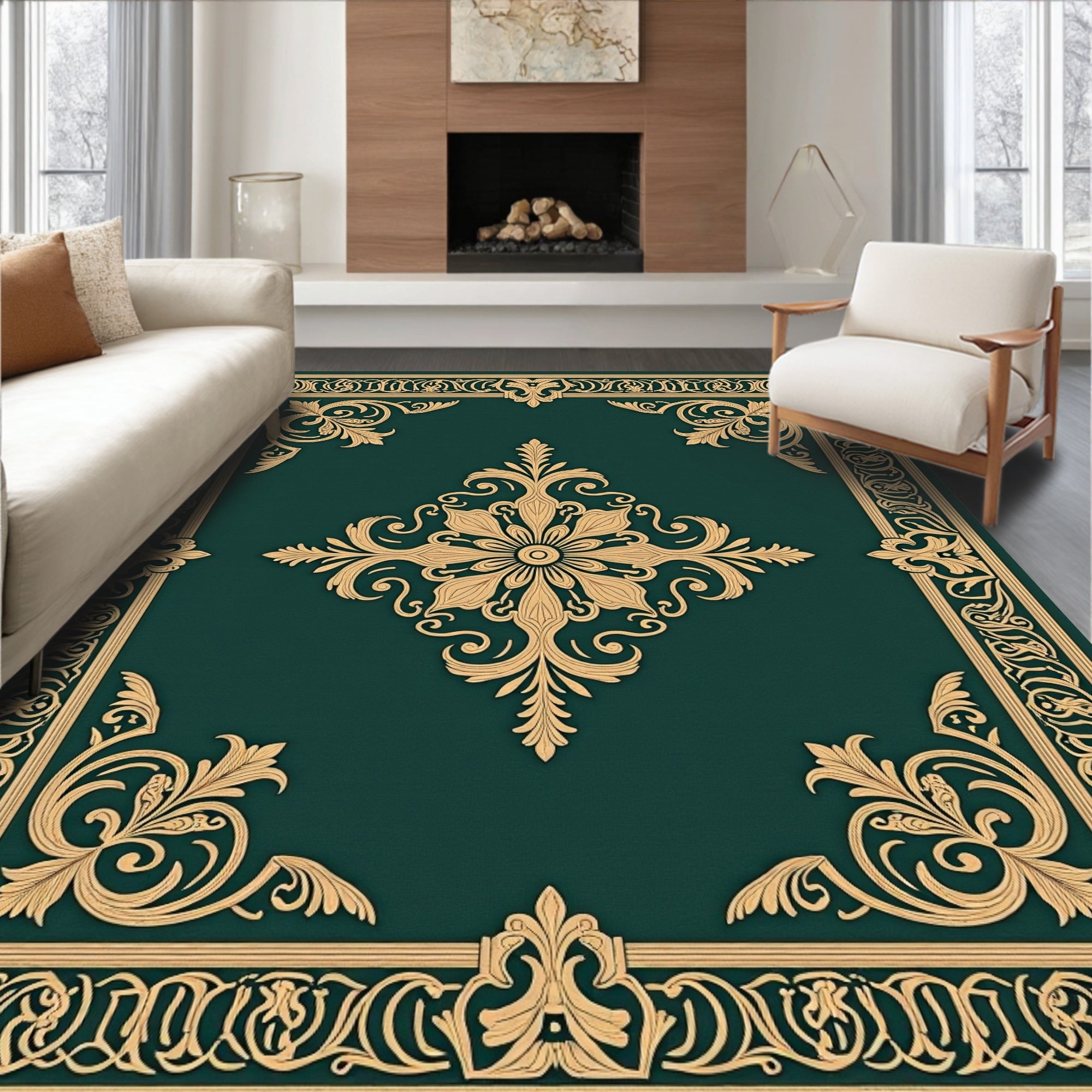 Elegant Gold Floral Border Design Rug