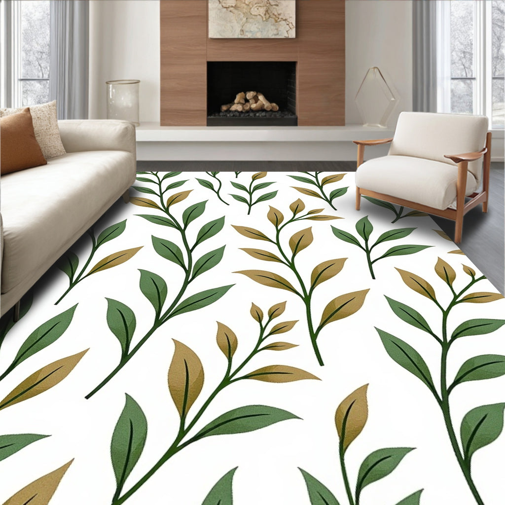 Botanical Branch Pattern With Green Leaves Rug