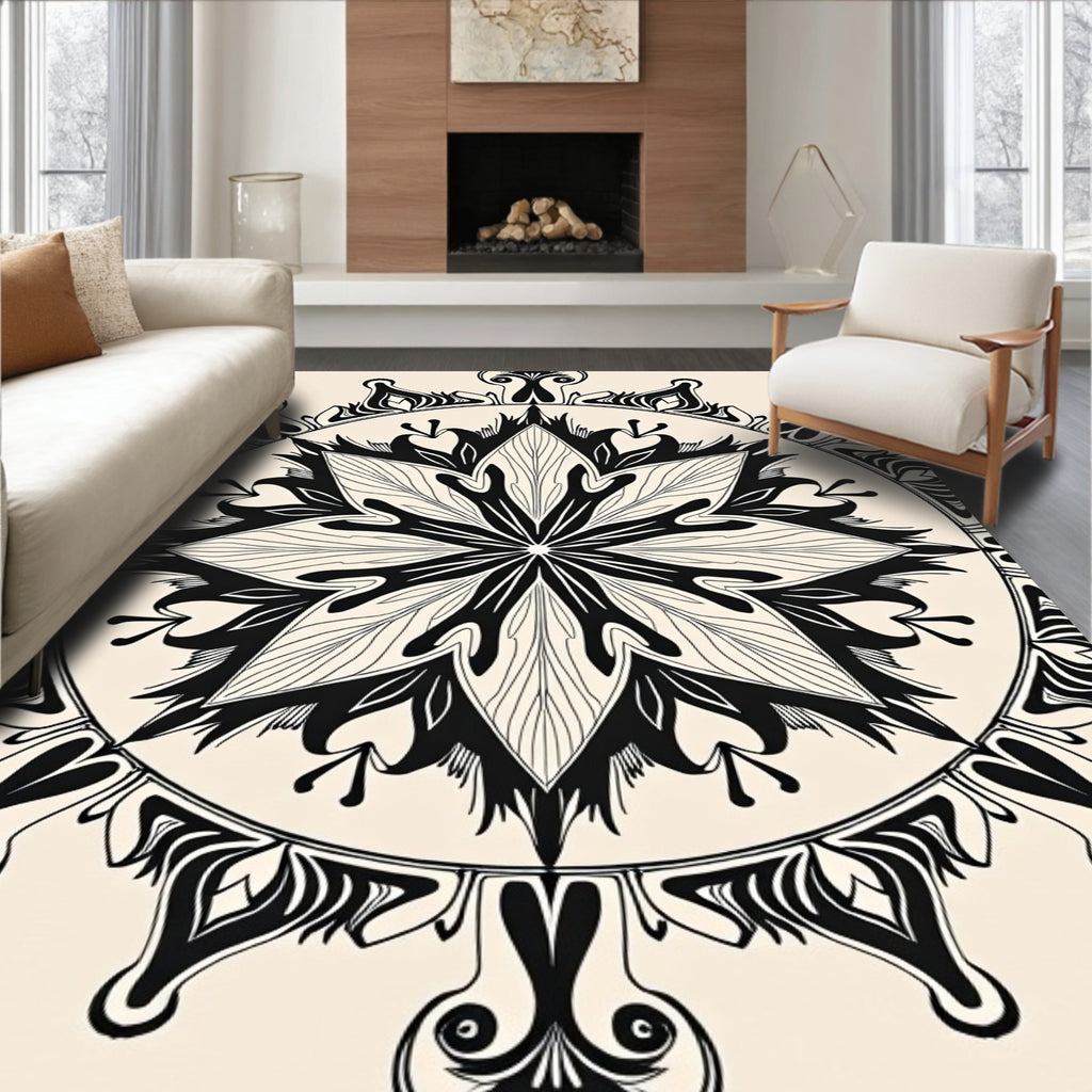 Ornate Black White Floral Mandala Rug