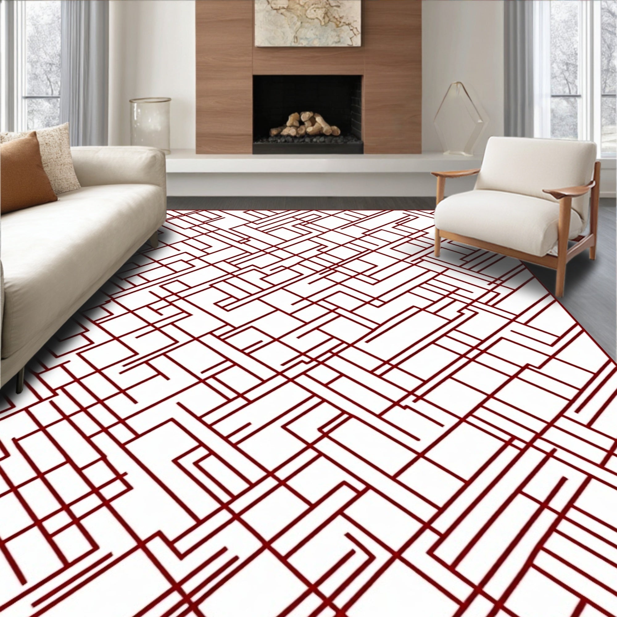 Abstract Geometric Red Lines Pattern Rug