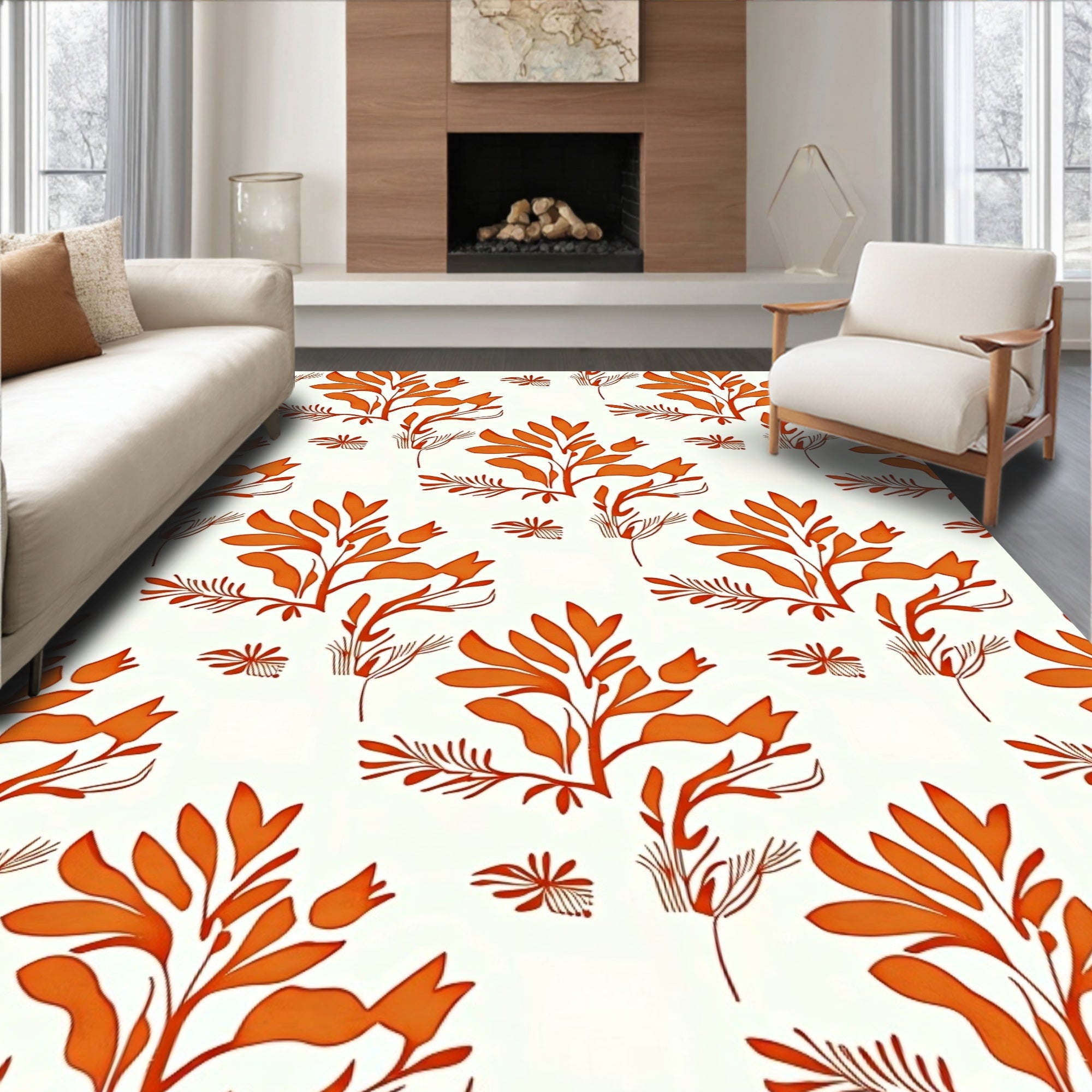 Orange Leaf Botanical Pattern Rug