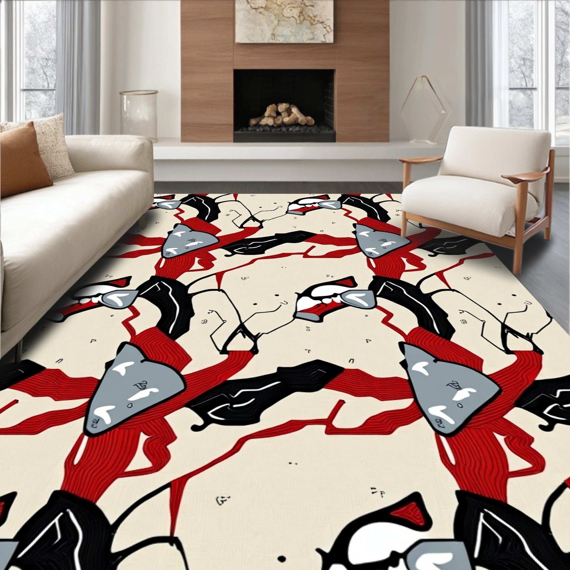 Abstract Red Black White Pattern Rug