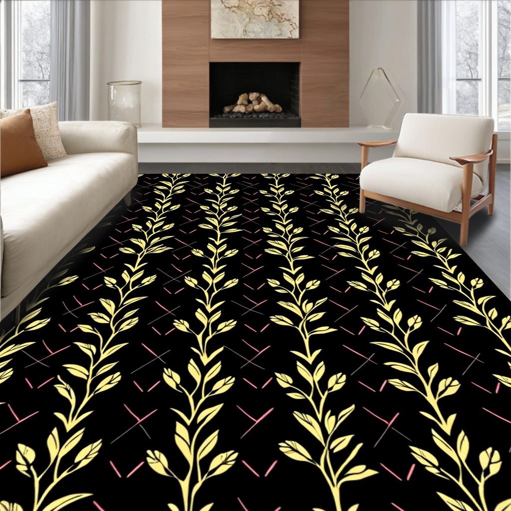 Yellow Botanical Vine Lattice Pattern Rug
