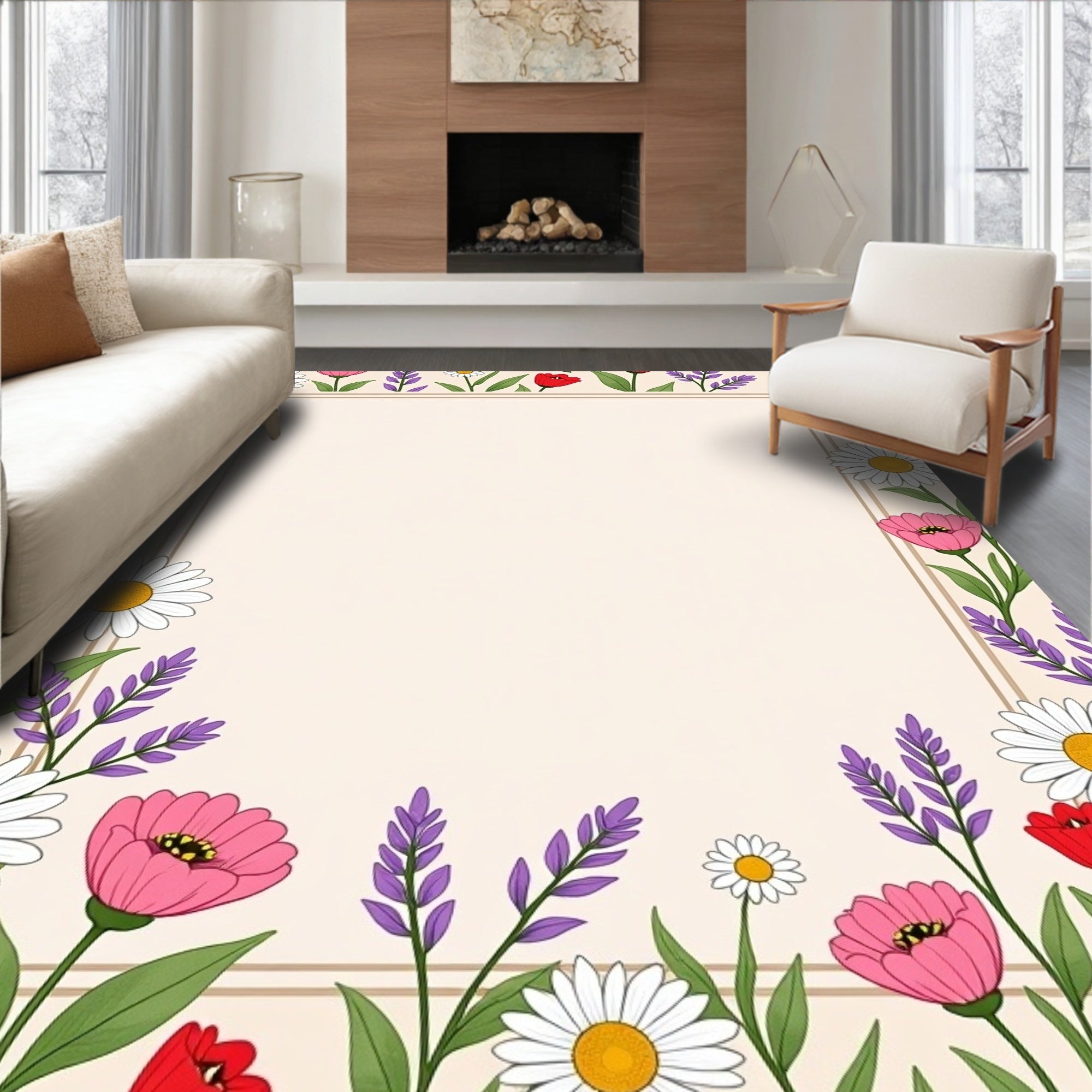 Floral Daisy Tulip Border Design Rug