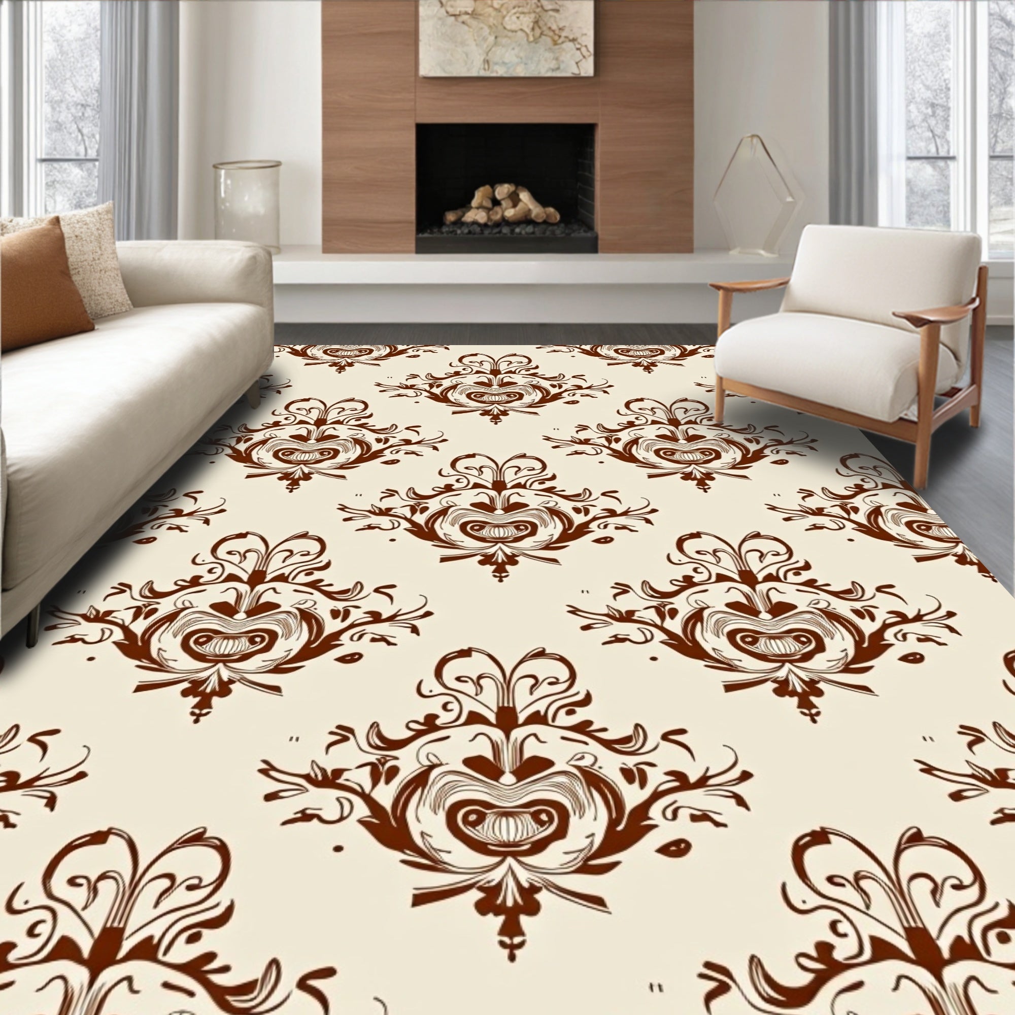 Vintage Scrolling Floral Damask Pattern Rug