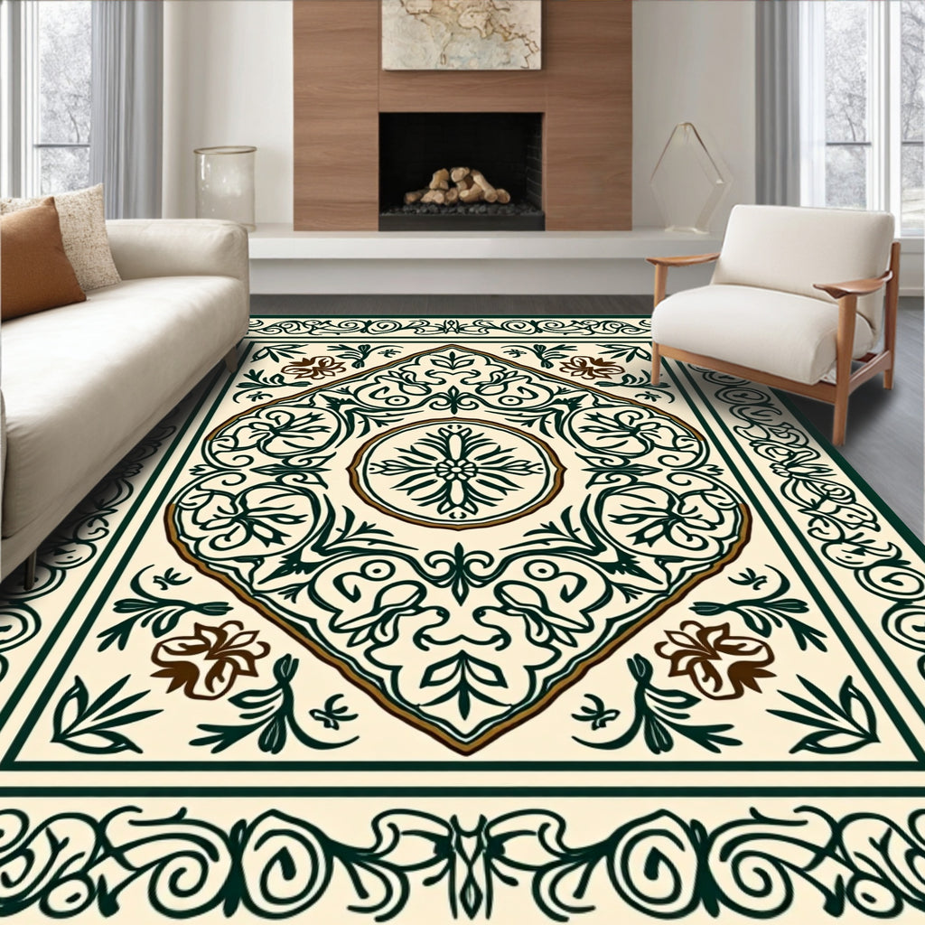 Classic Ivory Green Floral Scroll Rug