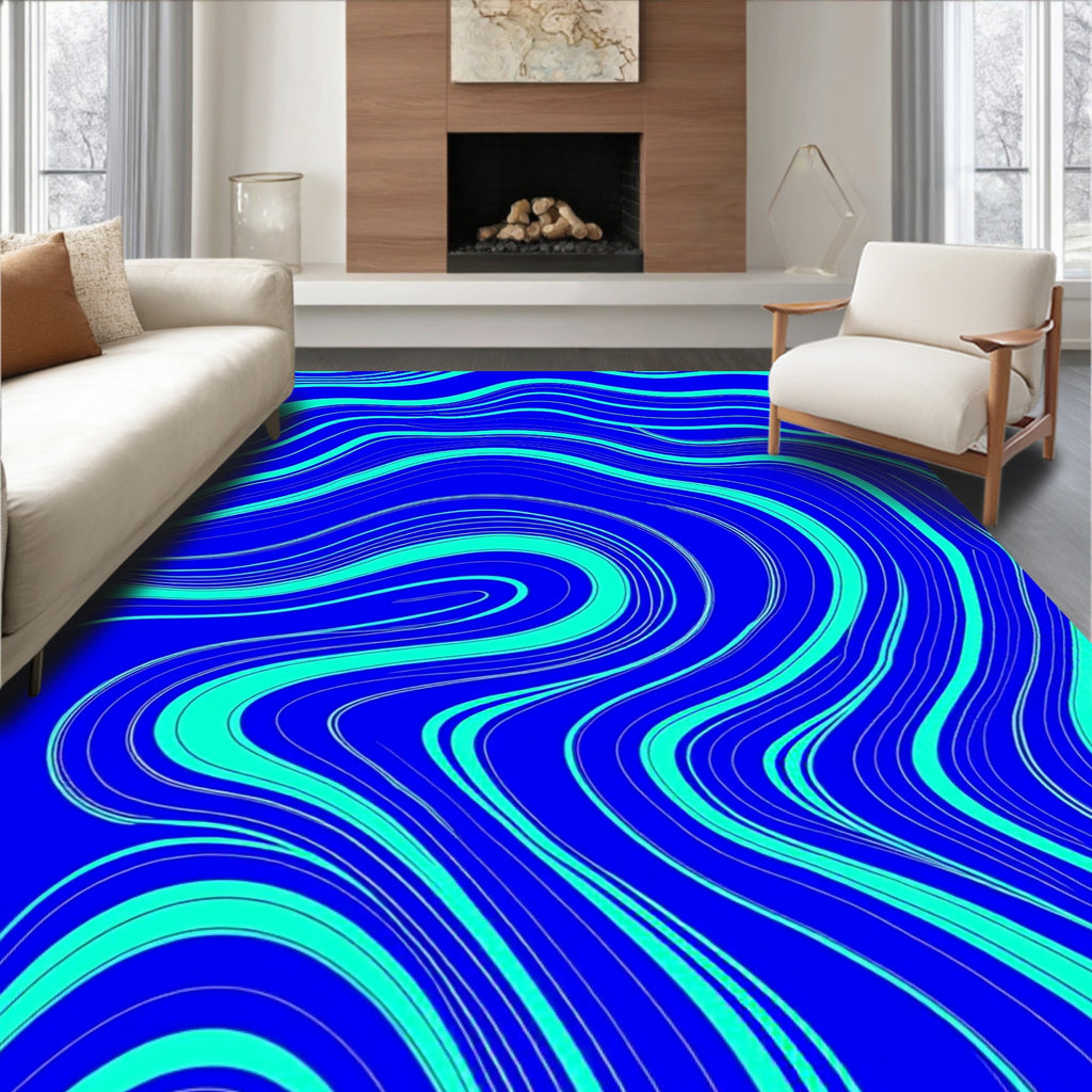 Bold Blue Aqua Wavy Lines Design Rug