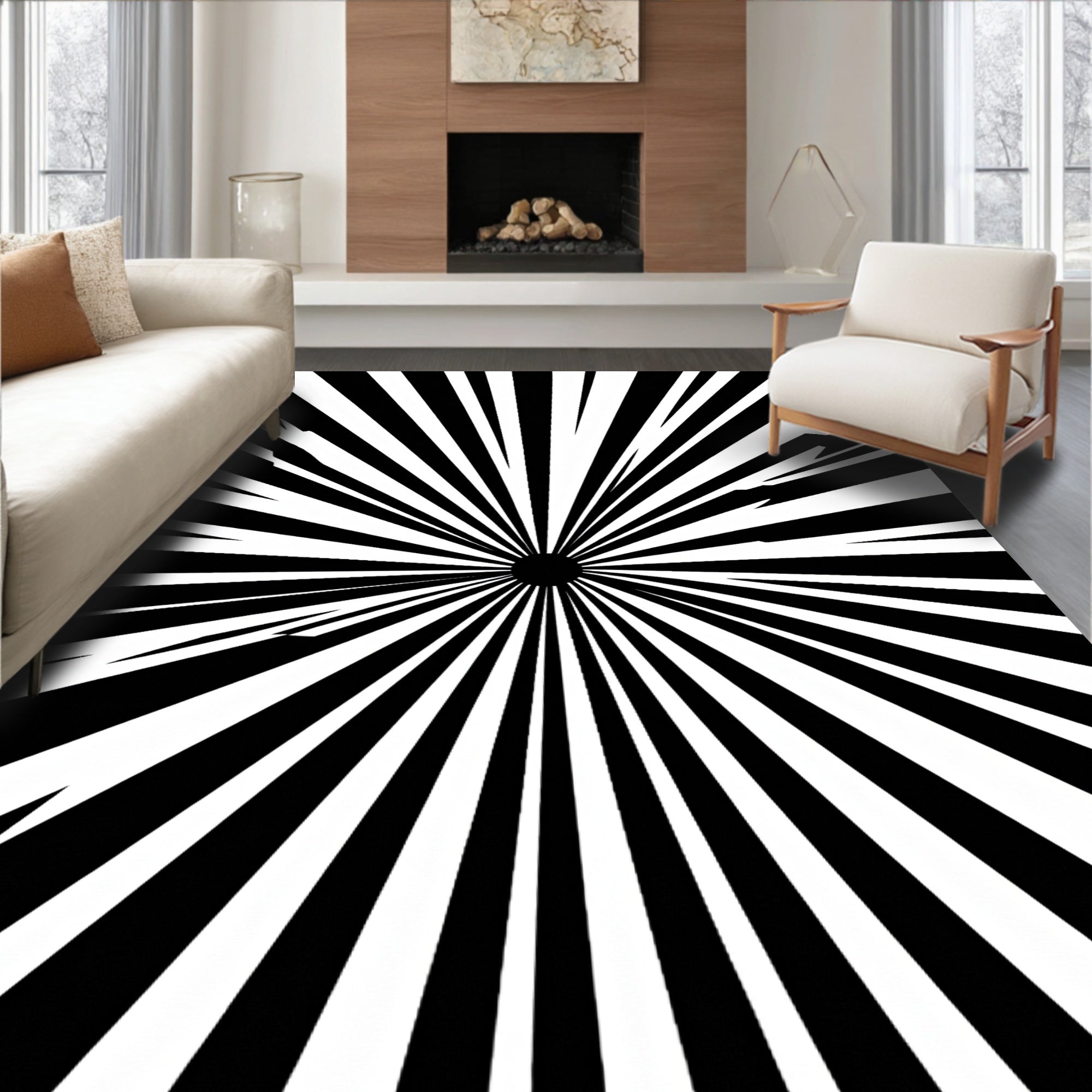 Bold Sunburst Black White Pattern Rug