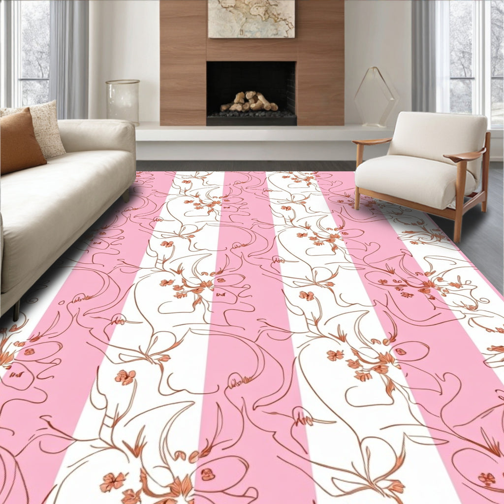 Pink White Stripe Floral Line Art Rug