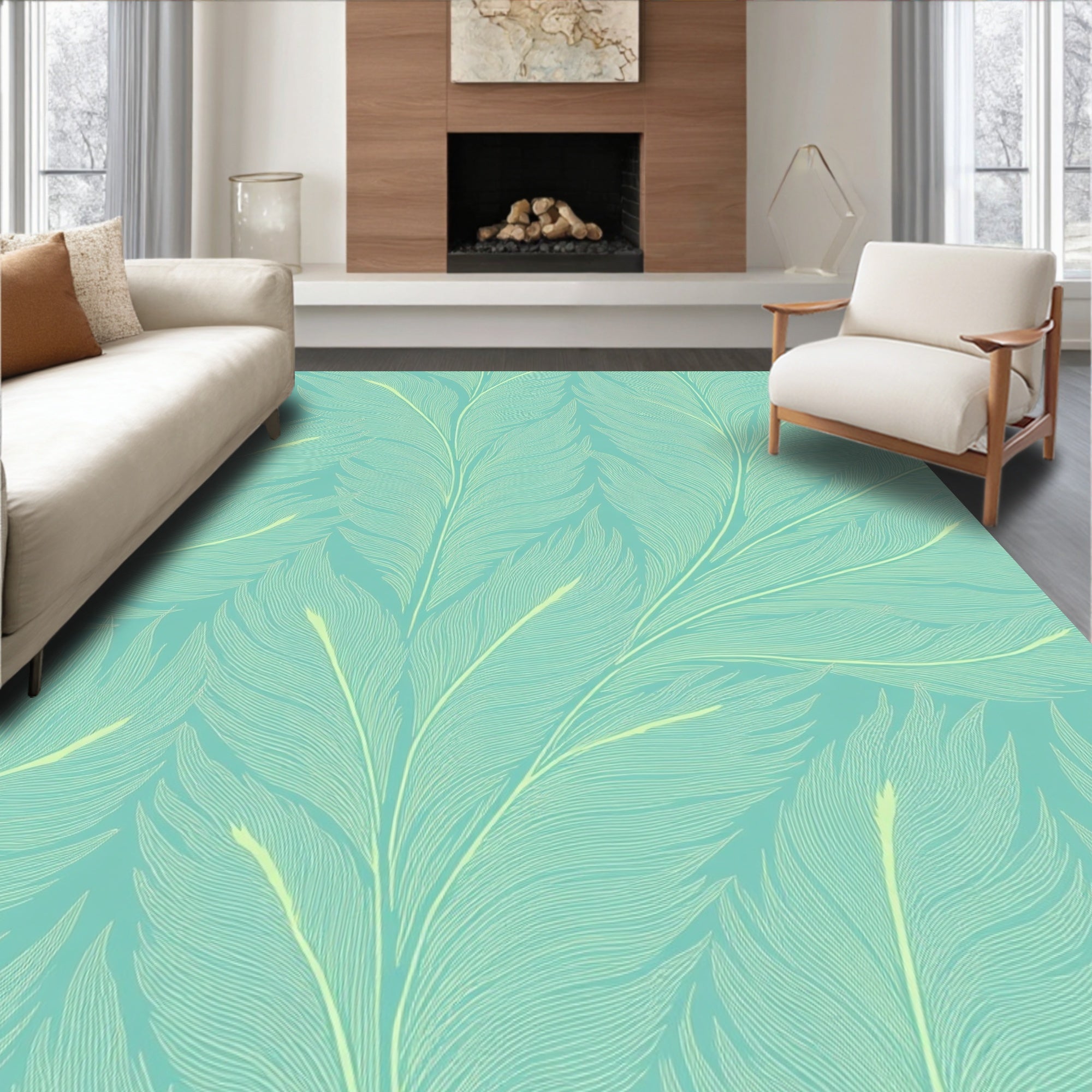 Aqua Feather Pattern Graphic Rug